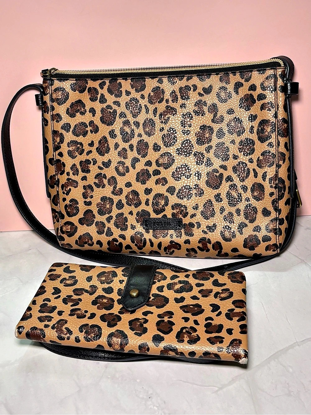 🐆 Fossil Leopard Print Crossbody Bag & Wallet